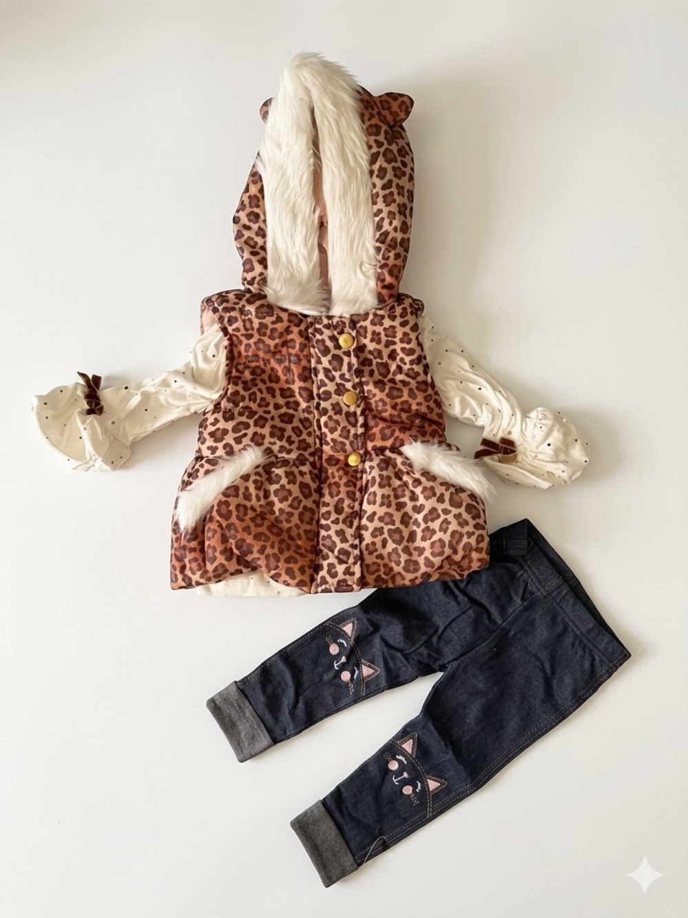 Little Lass Faux Fur Leopard Print Puffer Vest Sparkle Top Leggings ЗРС Set 12M